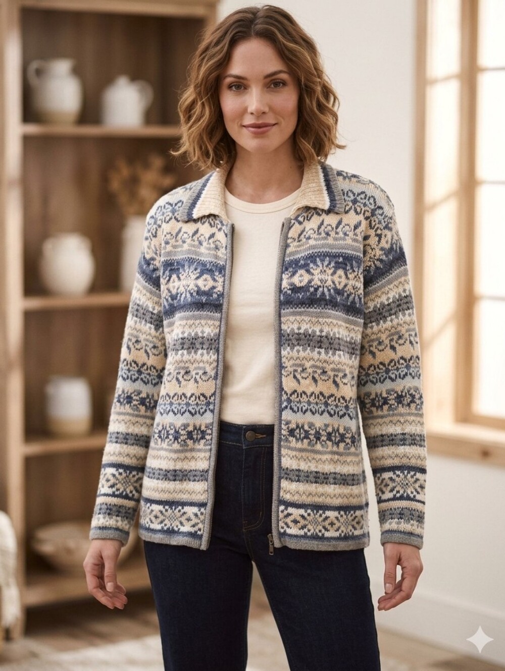 Vtg Heirloom Collectibles Zip Sweater Cardigan Sz M Fair Isle